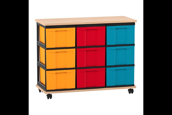 Flexeo® Fahrbares Containersystem mit Ablage, 9 große Boxen